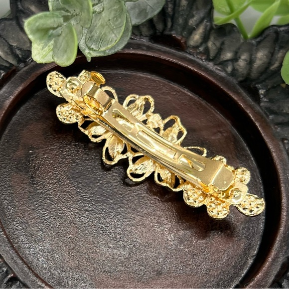 Gold Floral Clear Crystal Hair Clip barrette - Picture 3 of 4